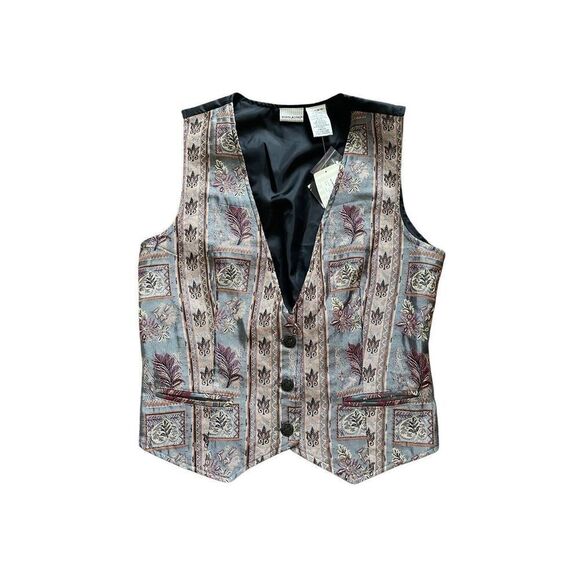 Vintage 90s White Stag Button-Down Vest – Beige & Blue Leaf Print, NWT, Size Med - Picture 1 of 5